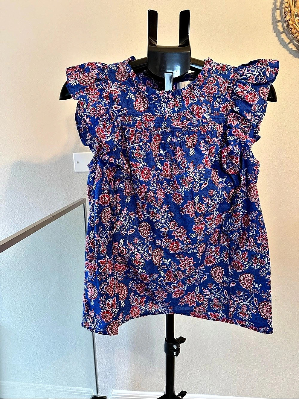 LOFT Blue Floral Ruffle Mock-Neck Blouse Blue & Red Small